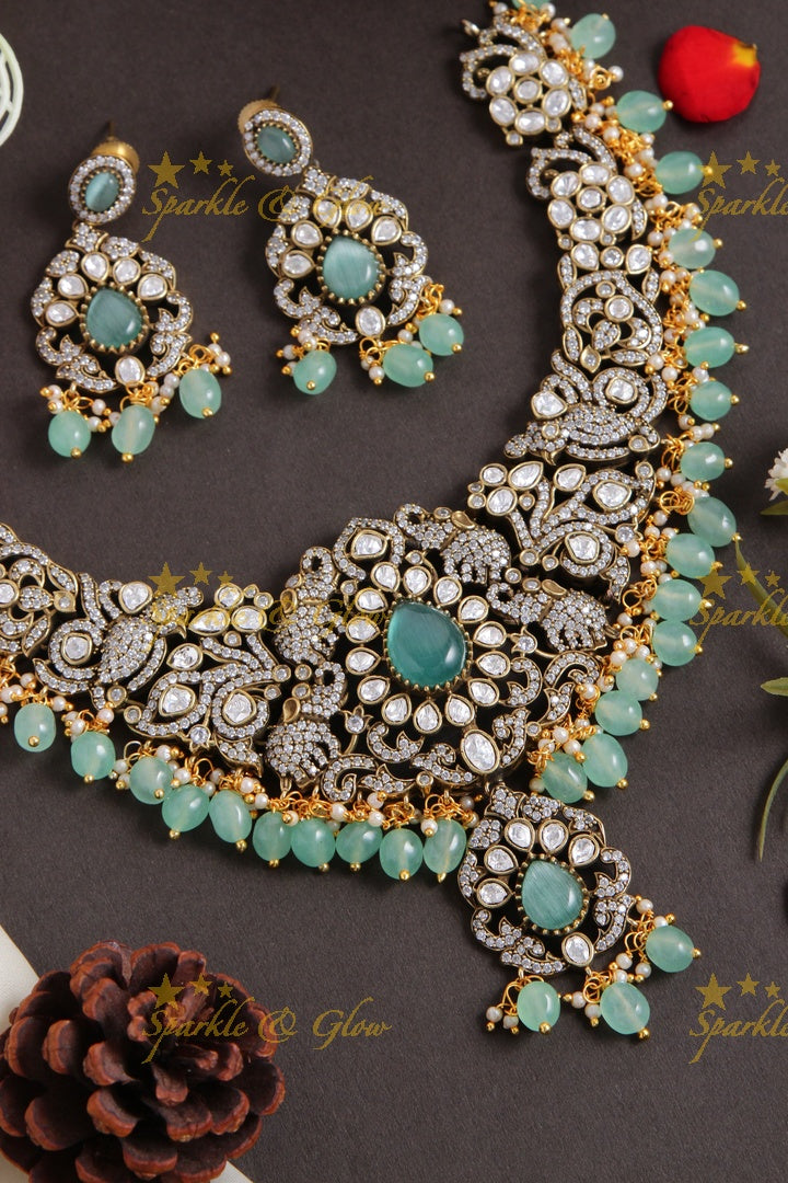 Stunning Elephant carved Victorian AD short necklace with mint green beads and stones - mintgreen