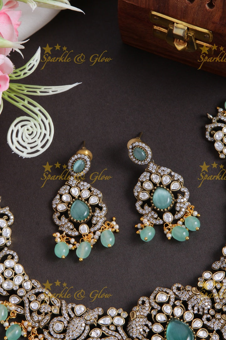 Stunning Elephant carved Victorian AD short necklace with mint green beads and stones - mintgreen