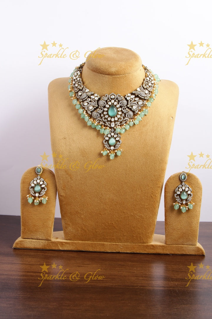 Stunning Elephant carved Victorian AD short necklace with mint green beads and stones - mintgreen