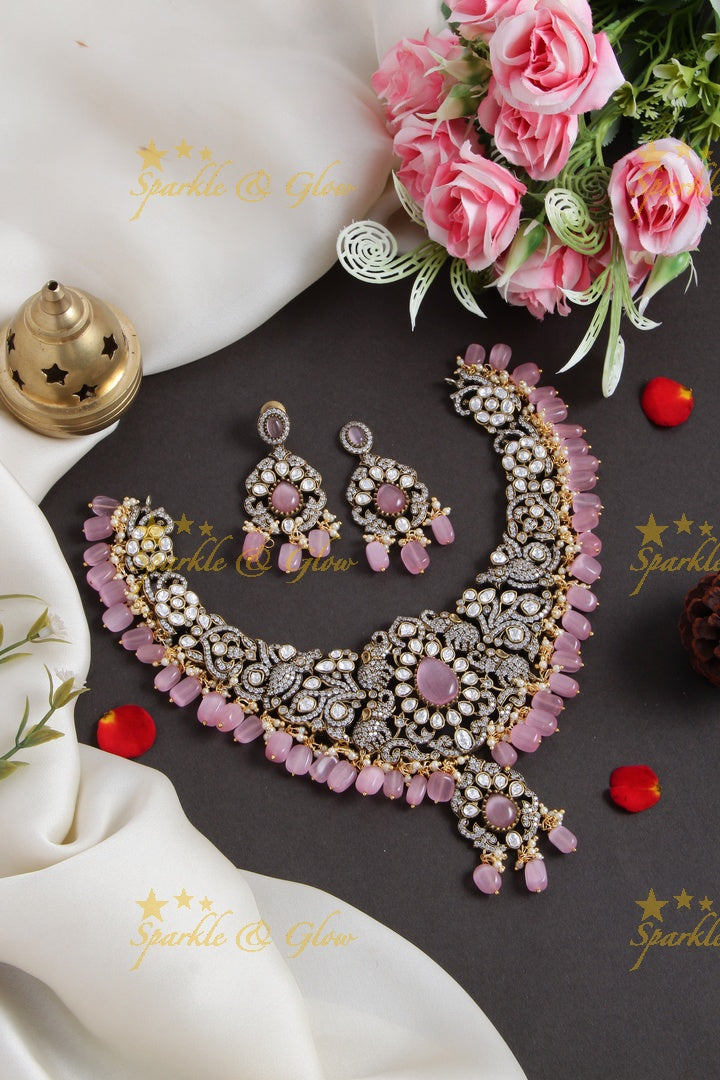Stunning Elephant carved Victorian AD short necklace with purple beads and stones - purple