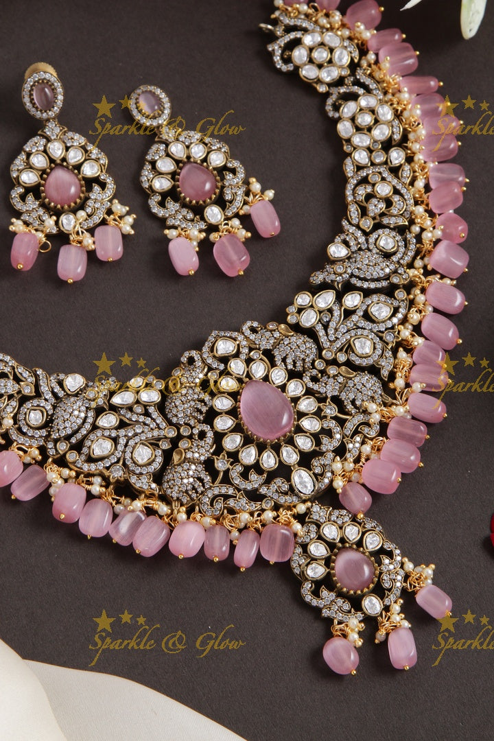 Stunning Elephant carved Victorian AD short necklace with baby pink beads and stones - babypink