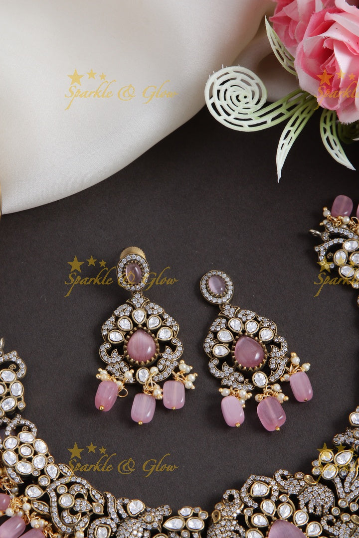 Stunning Elephant carved Victorian AD short necklace with baby pink beads and stones - babypink