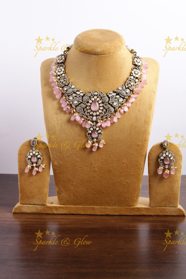Stunning Elephant carved Victorian AD short necklace with baby pink beads and stones - babypink