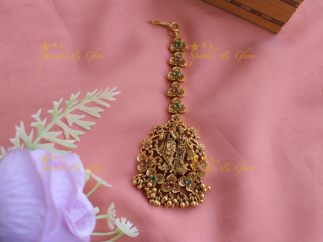 Radha krishna maang tikka with cz stones ruby emerald and gold beads