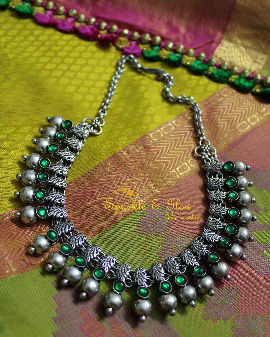 Peacock oxidised silver stone necklace - green - style1 - Sparkle and Glow