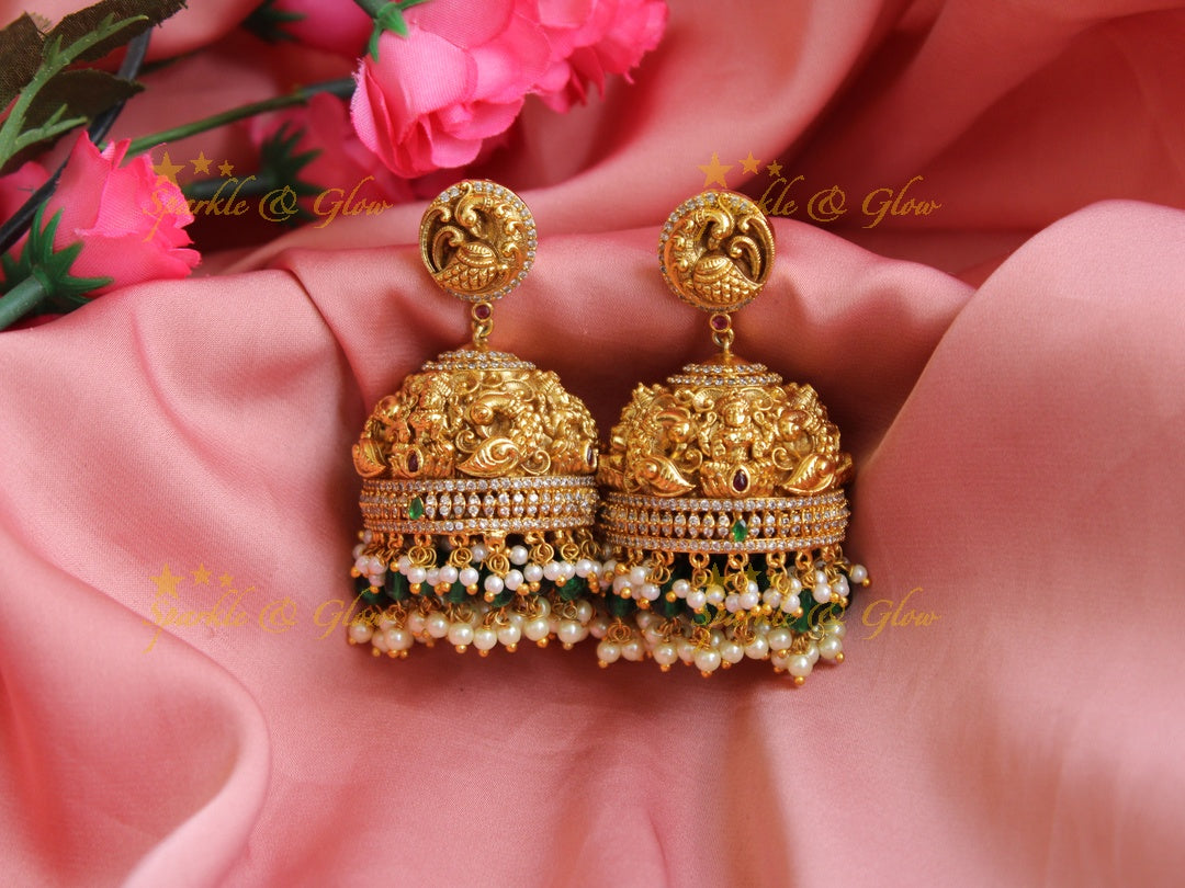 Grand Lakshmi peacock carved gold alike jhumukas with cz stones pearl and green beads