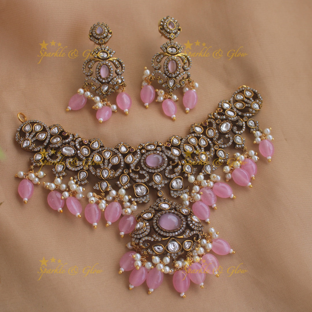 Elegant peacock and floral design short necklace with pearls and pink beads