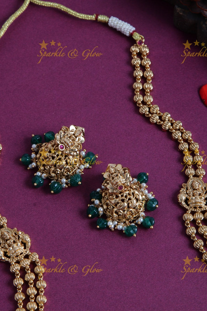Gold Alike Lakshmi peacock carved pendent multi layer gold beads haram with green beads