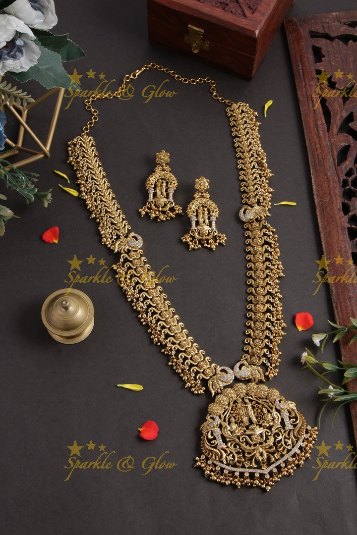 Grand intricate gold alike Ram sita peacock carved long necklace with cz stones and gold beads