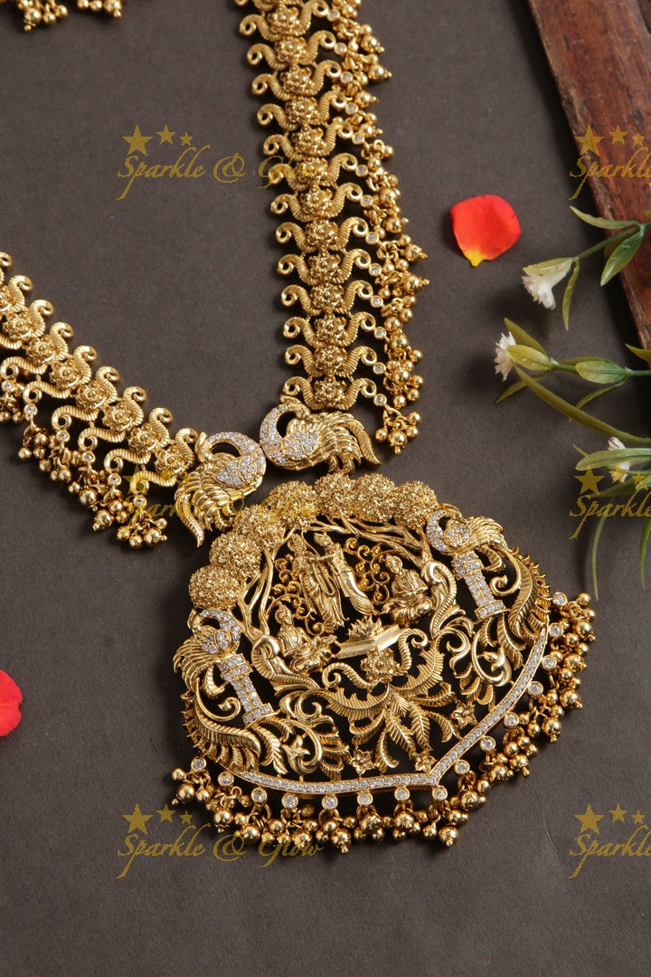Grand intricate gold alike Ram sita peacock carved long necklace with cz stones and gold beads