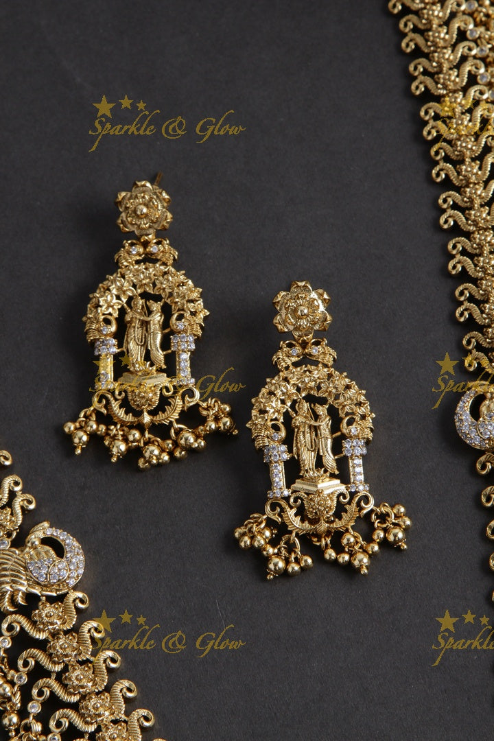 Grand intricate gold alike Ram sita peacock carved long necklace with cz stones and gold beads