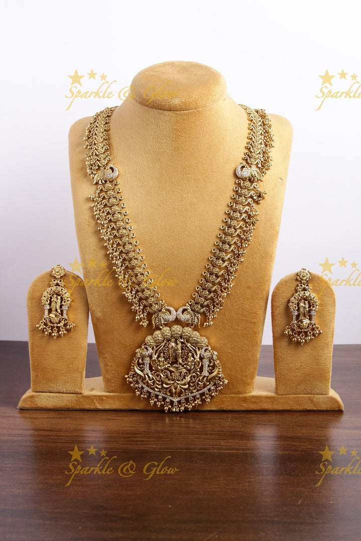 Grand intricate gold alike Ram sita peacock carved long necklace with cz stones and gold beads