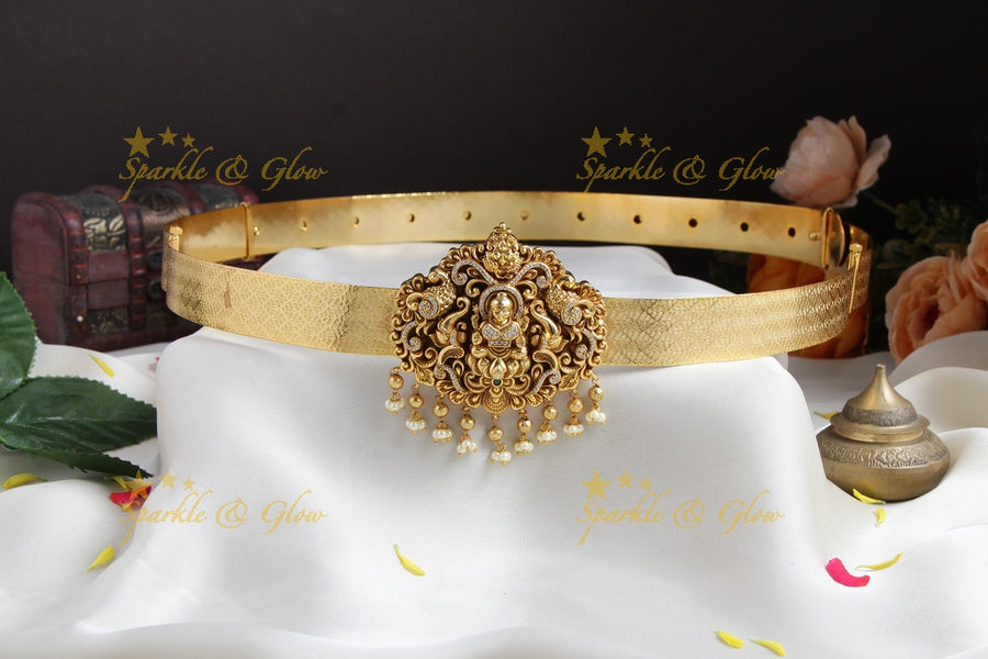 Beautiful Lakshmi elephant carved gold alike hipbelt with cz stones and gold beads - Sparkle and Glow