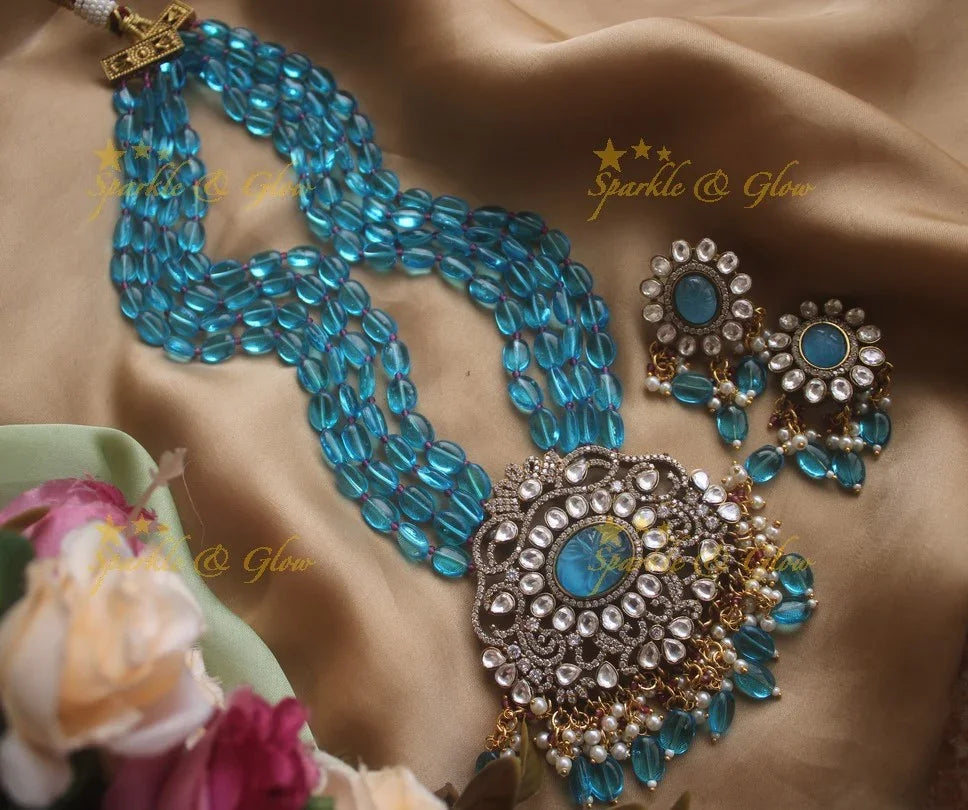 Stunning floral pendent Victorian AD haram with multi layer purple beads chain - purple - Sparkle and Glow