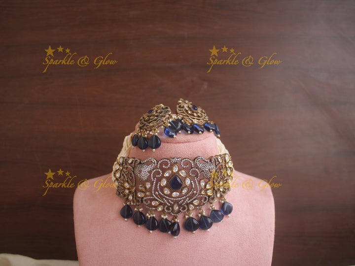Elegant Elephant carved Victorian AD choker with multi layer pearls and seablue beads -Sea blue