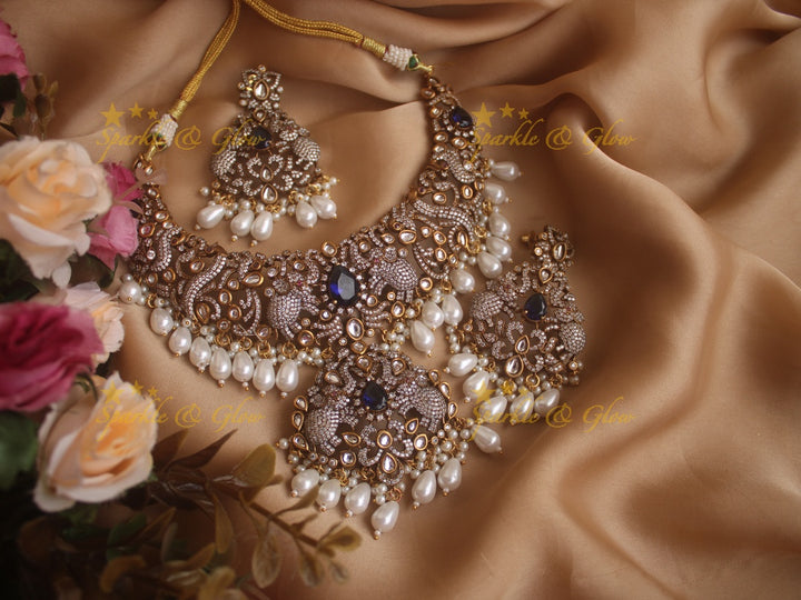 Grand Elephant carved Victorian AD necklace with pearls and white beads - White