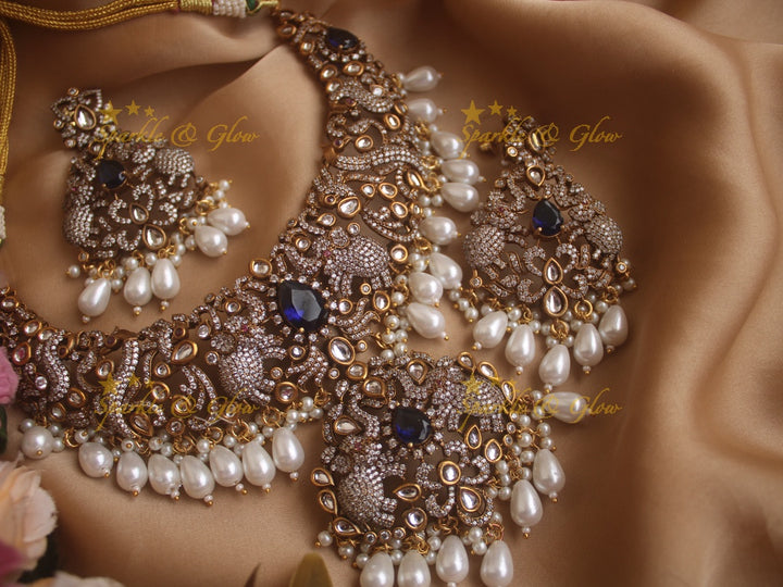 Grand Elephant carved Victorian AD necklace with pearls and white beads - White