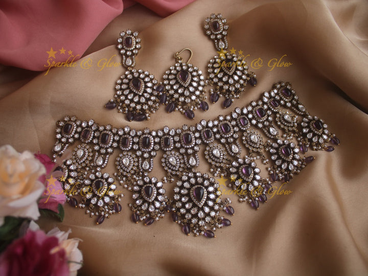 Grand intricate Victorian AD choker with green stones and green beads - with mang tikka