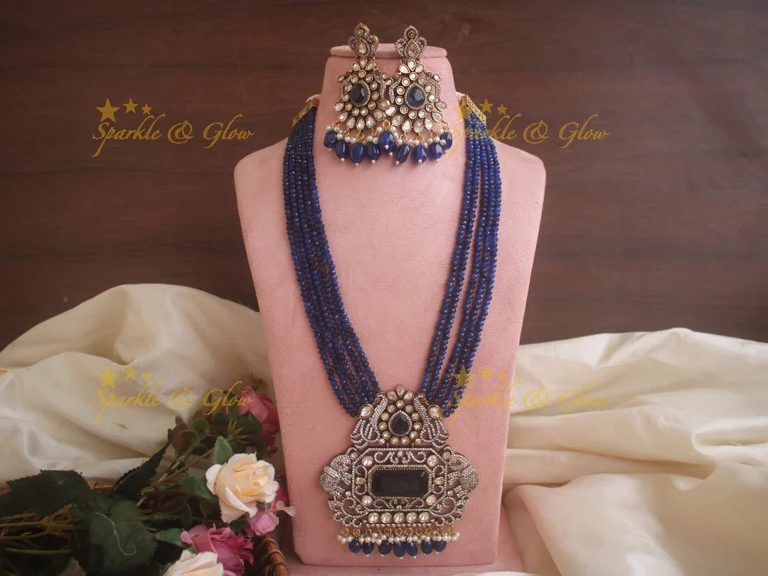 Grand Elephant peacock carved pendent Victorian AD haram with multi layer orange beads chain - Light Pink - Sparkle and Glow