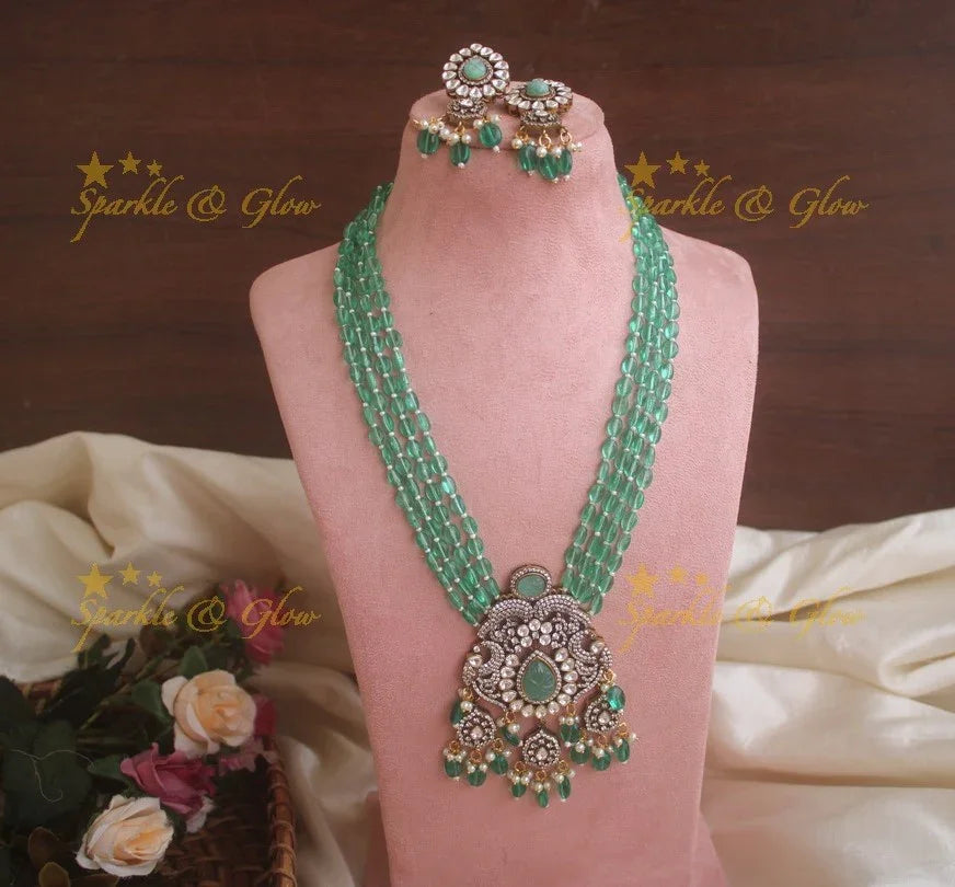 Stunning floral and leaf design pendent Victorian AD haram with multi layer baby pink beads chain - baby pink - Sparkle and Glow