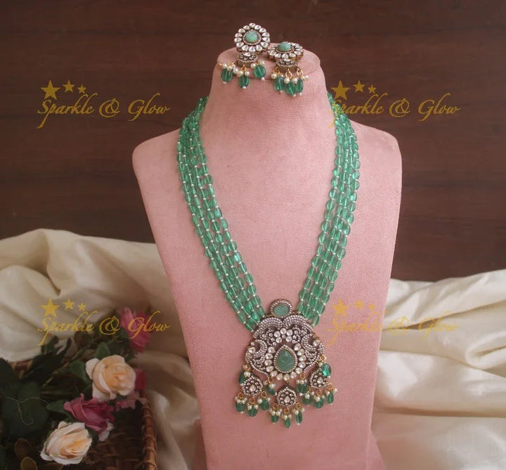 Stunning floral and leaf design pendent Victorian AD haram with multi layer baby pink beads chain - baby pink - Sparkle and Glow