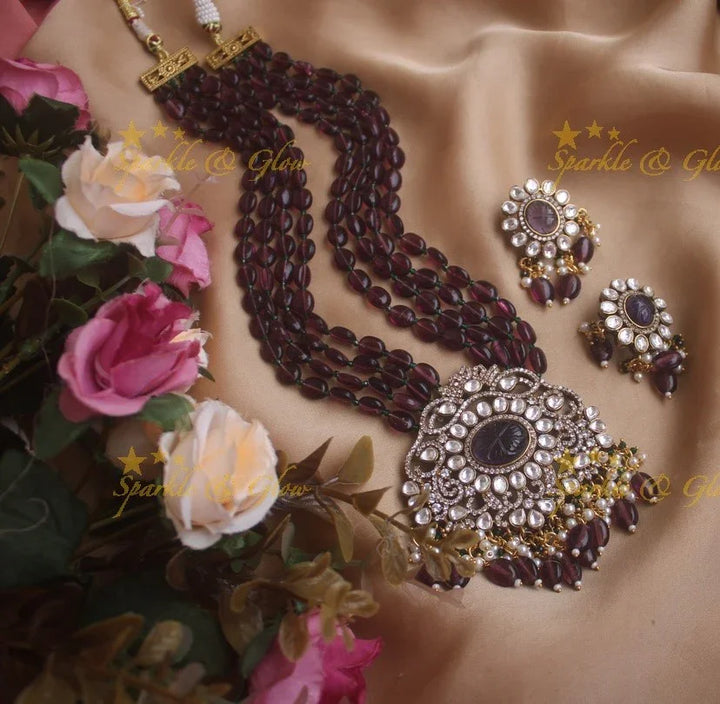 Stunning floral pendent Victorian AD haram with multi layer purple beads chain - purple - Sparkle and Glow