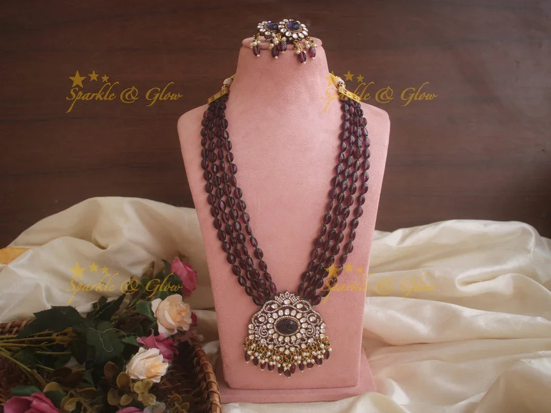 Stunning floral pendent Victorian AD haram with multi layer purple beads chain - purple - Sparkle and Glow