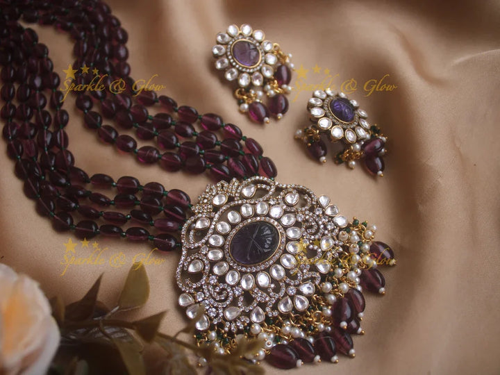 Stunning floral pendent Victorian AD haram with multi layer purple beads chain - purple - Sparkle and Glow