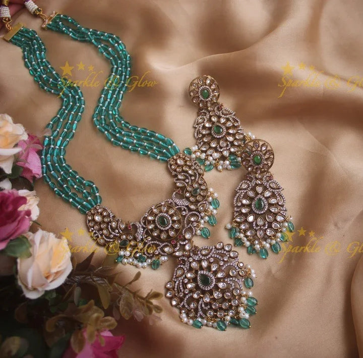 Exquisite grand Peacock pendent Victorian AD haram with multi layer pink beads chain - pink - Sparkle and Glow