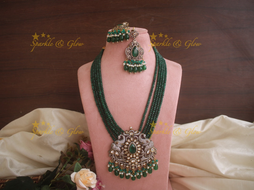 Statement elephant carved pendent Victorian AD haram with multi layer green beads chain