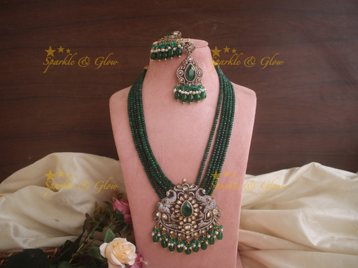 Statement elephant carved pendent Victorian AD haram with multi layer green beads chain