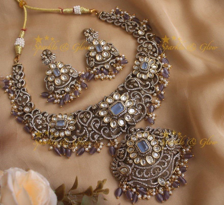 Elegant floral and leaf design Victorian AD necklace with purple beads - Sparkle and Glow