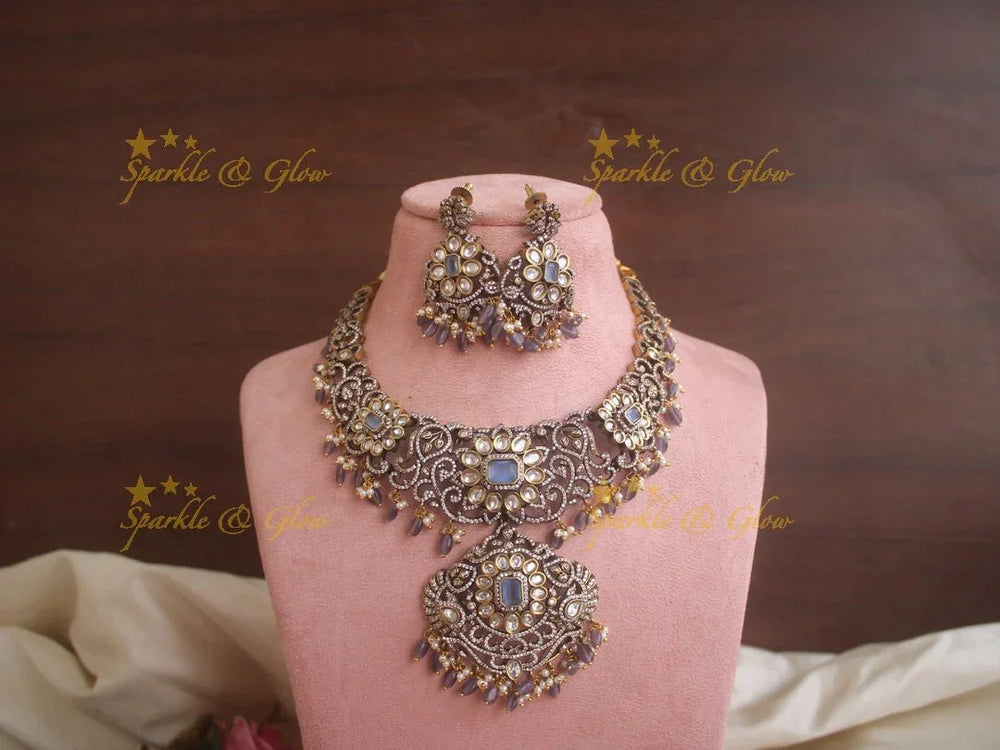 Elegant floral and leaf design Victorian AD necklace with purple beads - Sparkle and Glow