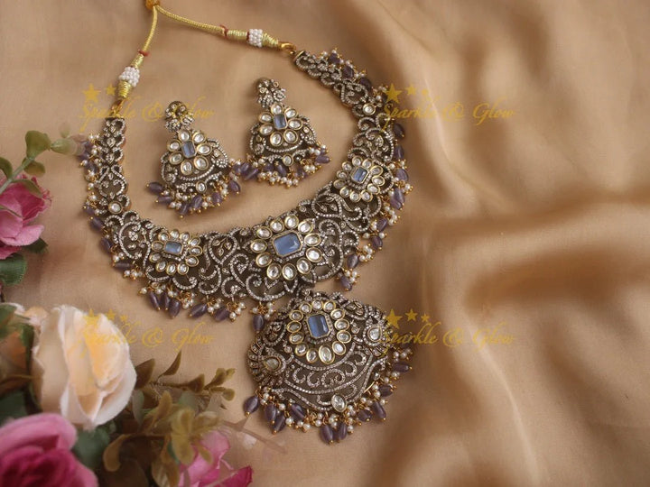 Elegant floral and leaf design Victorian AD necklace with purple beads - Sparkle and Glow