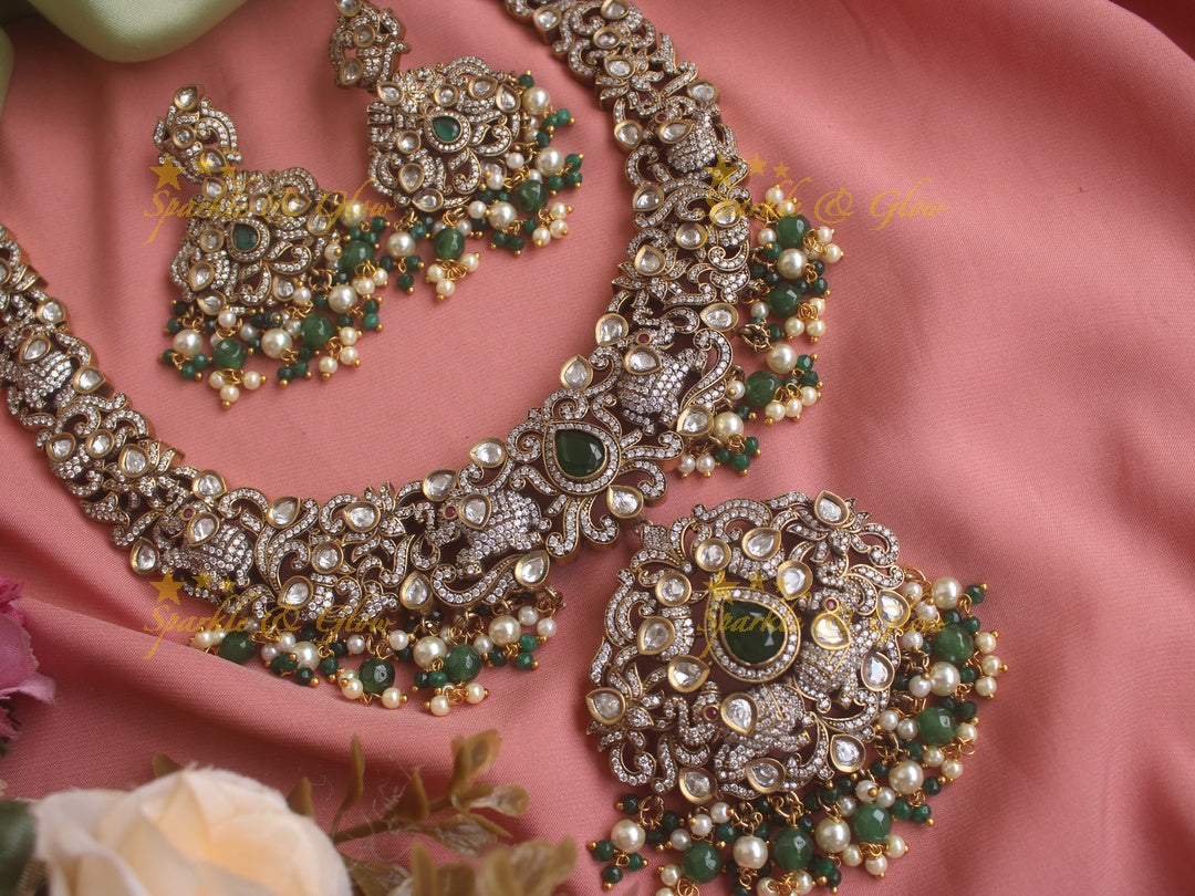 Gorgeous Elephant carved Victorian AD necklace with pearls and green beads
