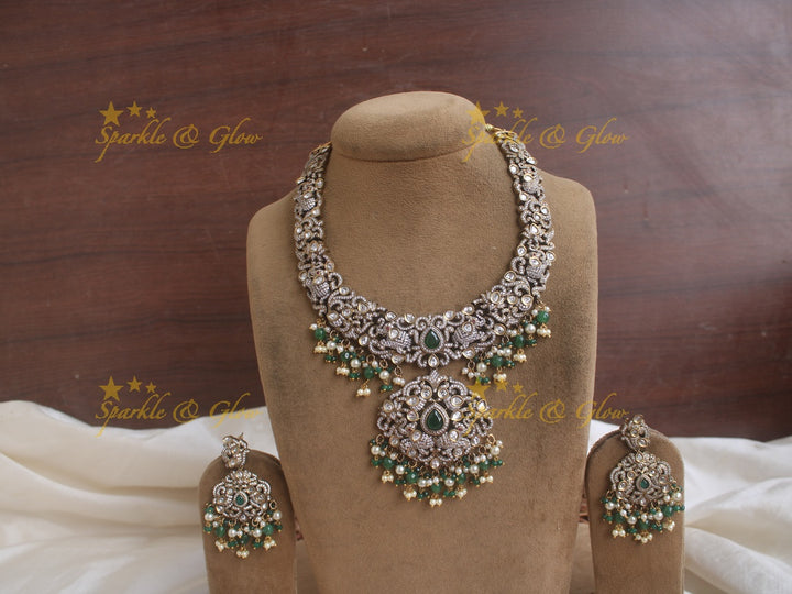 Gorgeous Elephant carved Victorian AD necklace with pearls and green beads