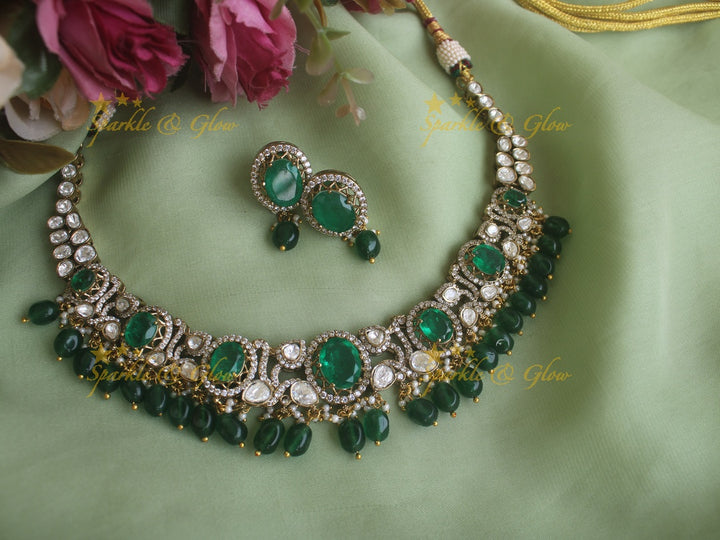 Stunning Victorian AD necklace with Mint Green colour stones and beads