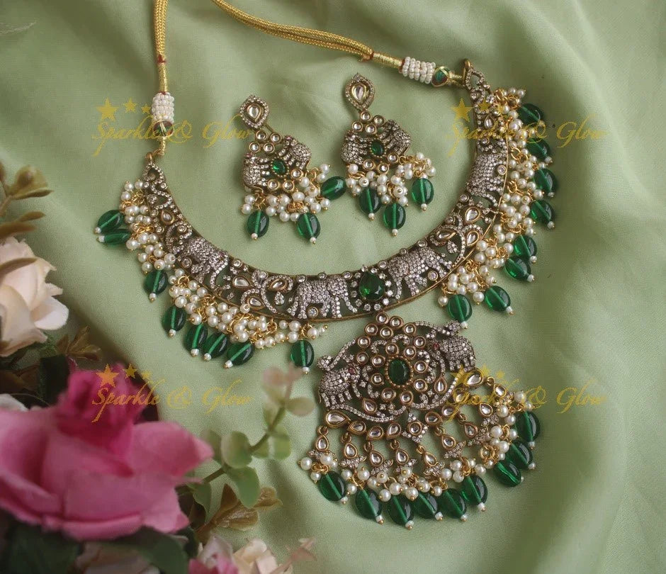 Exquisite Elephant carved Victorian AD necklace with pearls and red beads - Sparkle and Glow