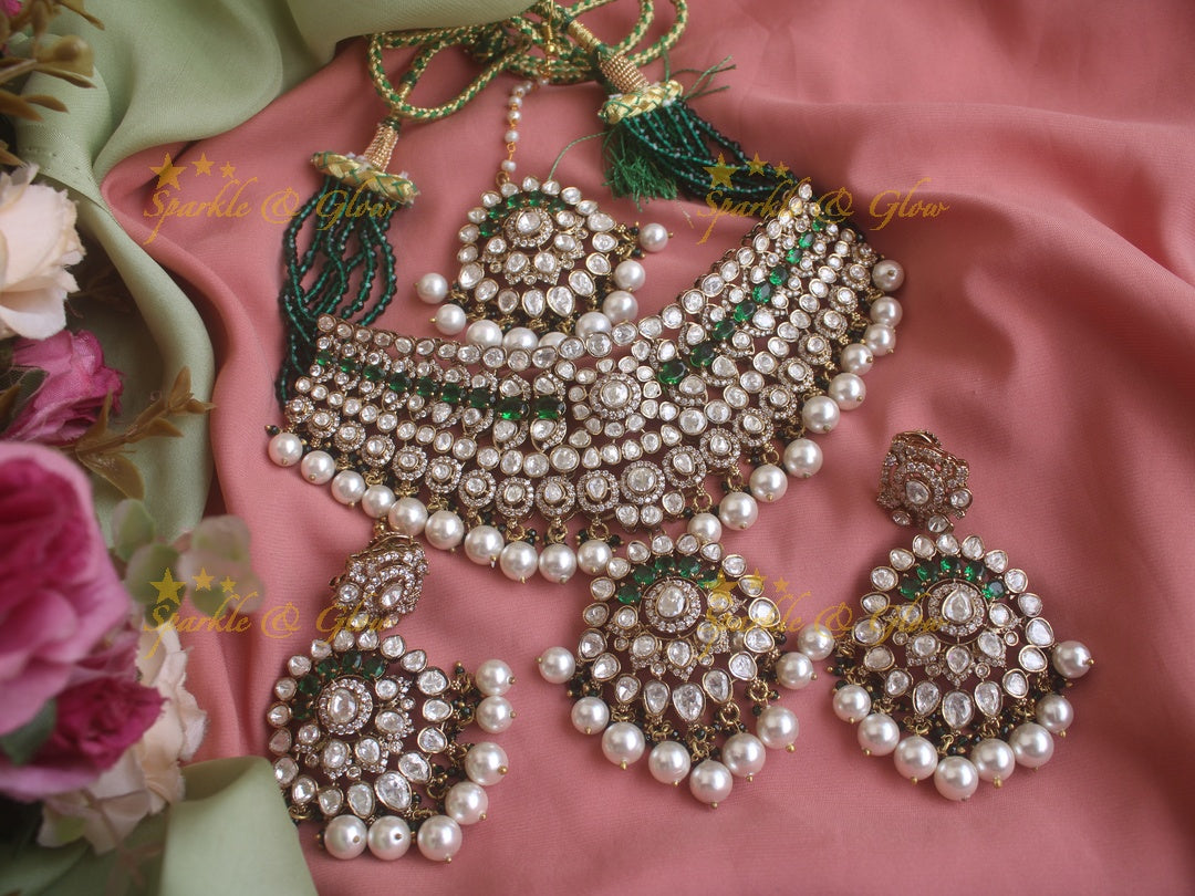 Grand Victorian AD bridal necklace with mang tikka and with maroon colour stones and beads - Maroon