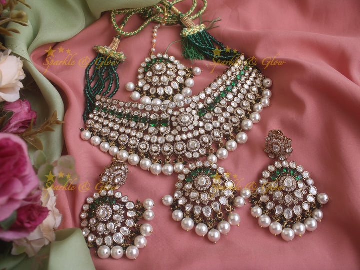 Grand Victorian AD bridal necklace with mang tikka and with maroon colour stones and beads - Maroon