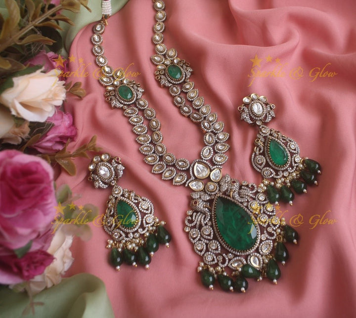 Statement Elephant Peacock Victorian AD haram with grand pendent maroon colour stones and beads