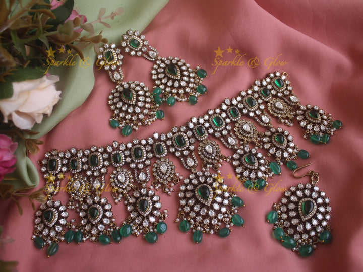 Grand intricate Victorian AD choker with green stones and green beads - with mang tikka