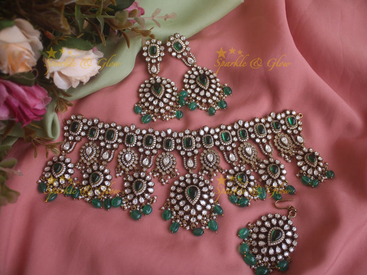 Grand intricate Victorian AD choker with green stones and green beads - with mang tikka