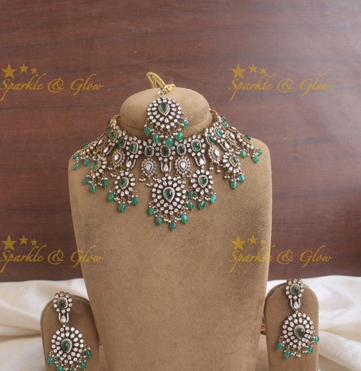 Grand intricate Victorian AD choker with green stones and green beads - with mang tikka
