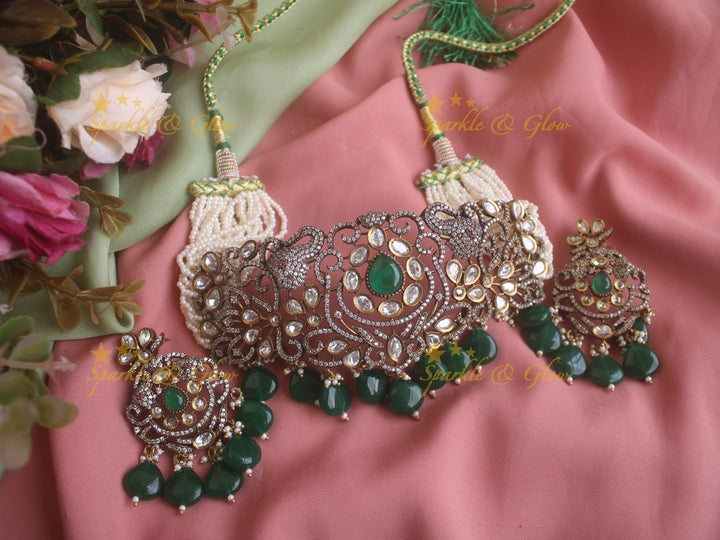 Elegant Elephant carved Victorian AD choker with multi layer pearls and maroon beads -maroon