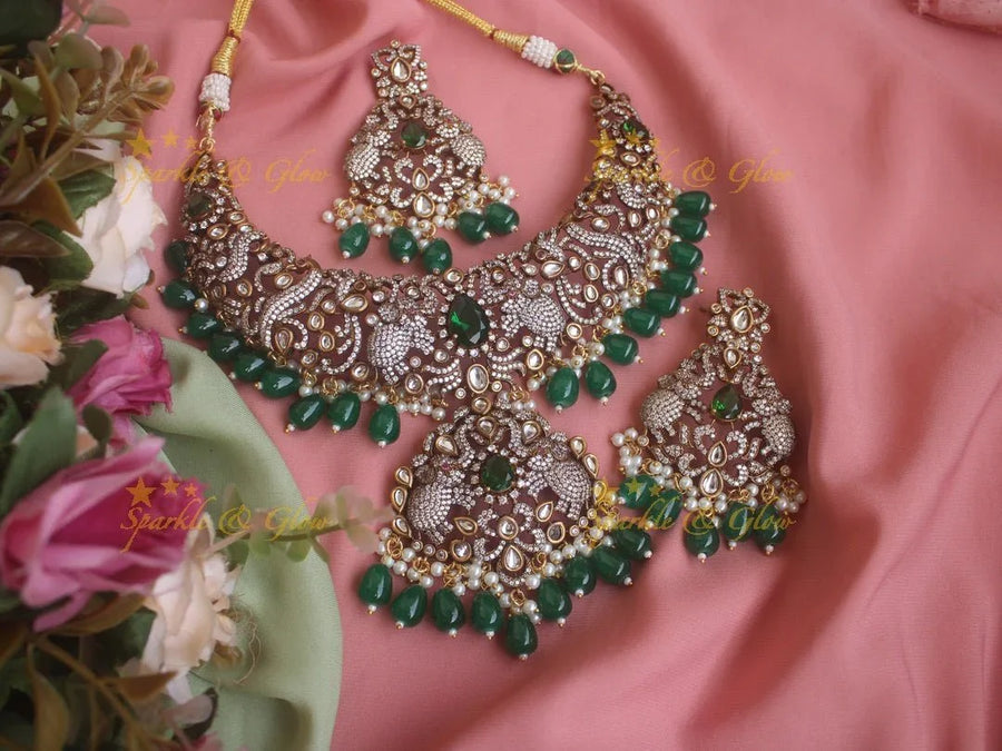 Grand Elephant carved Victorian AD necklace with pearls and green beads - Sparkle and Glow