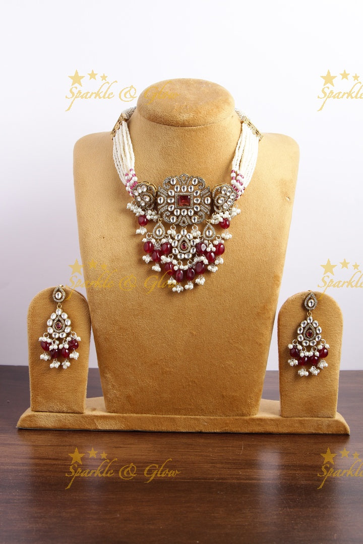 Statement floral design Victorian AD choker with multi layer pearl chain and maroon beads