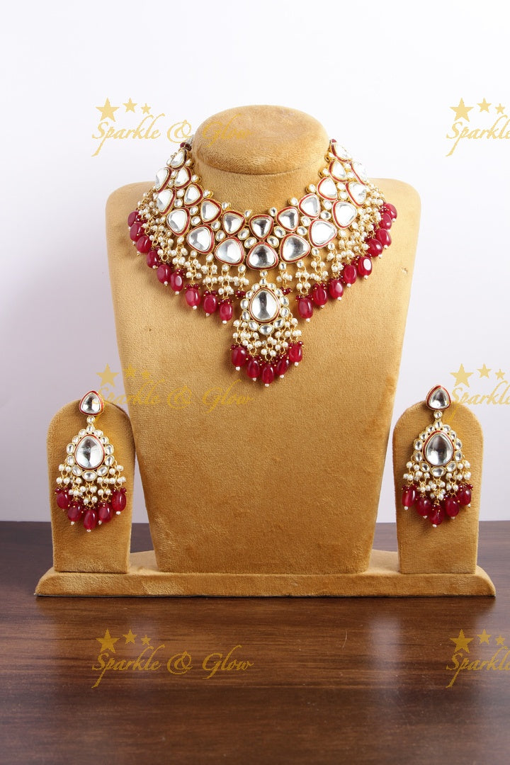 Gorgeous bridal kundan short necklace with pearls red beads