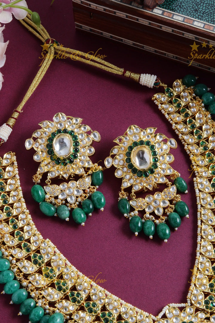 Grand intricate floral design kundan short necklace with pearls green beads