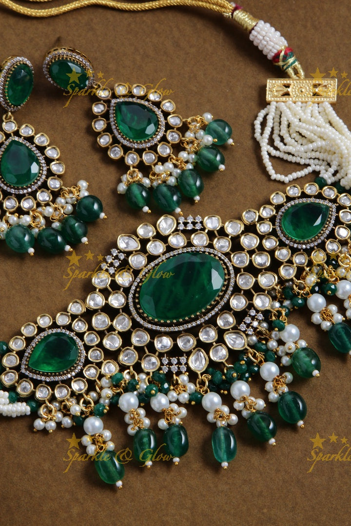 Beautiful Victorian AD choker with multi layer pearl chain green stones and green beads